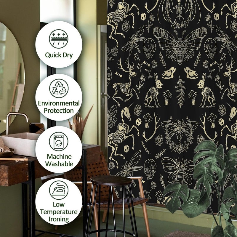 TSLOVER Black and Gold Gothic Horror Skull Shower Curtains,Halloween Witchy Curtain for Bathroom with Butterfly Dragonfly Bee Decor,Spooky Waterproof Polyester Fabric Bath Curtain,72x78 in - Image 3